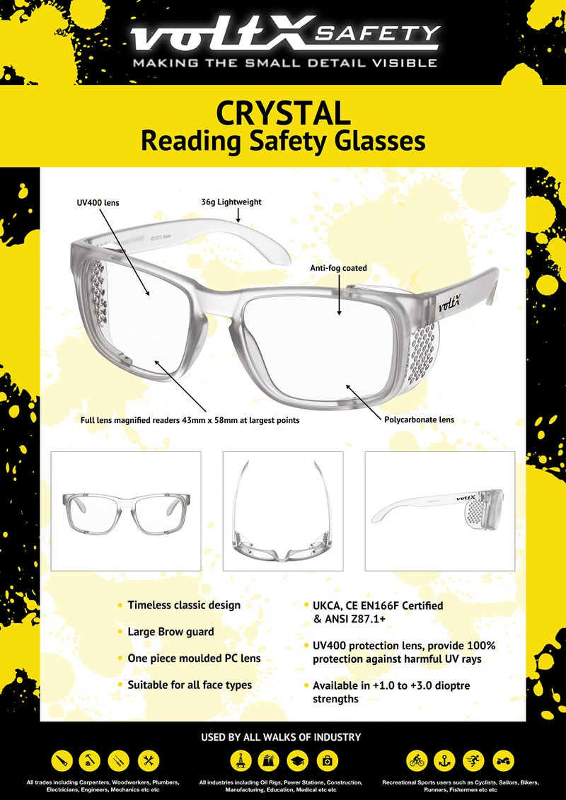 voltX 'Crystal' Full Lens Magnified Reading Safety Glasses, ANSI Z87.1+ & CE EN166F, (+1.5 Dioptre, Clear Lens) - Anti Fog Coated UV400 Lens - Image 2